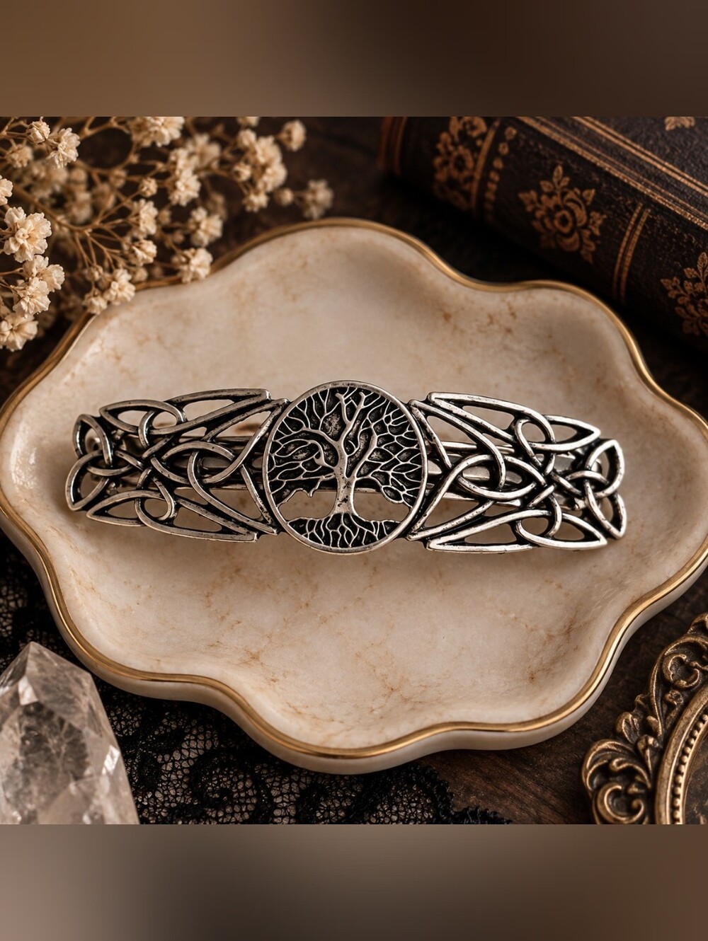 Vintage Antique Silver Tree of Life Celtic Hair Barrette New